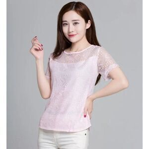 Chiffon & Lace Short Sleeve Blouse Pink Size M